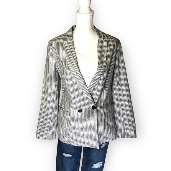 1. State Women's Striped Linen Blazer Jacket Size 6 White Grey Striped Office - Picture 12 of 12